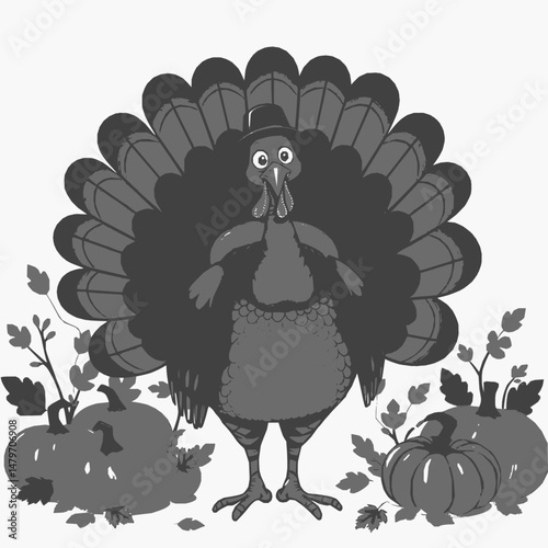 Cartoon turkey with pumpkins.  Perfect for Thanksgiving cards, invitations, or seasonal designs. High-resolution image.