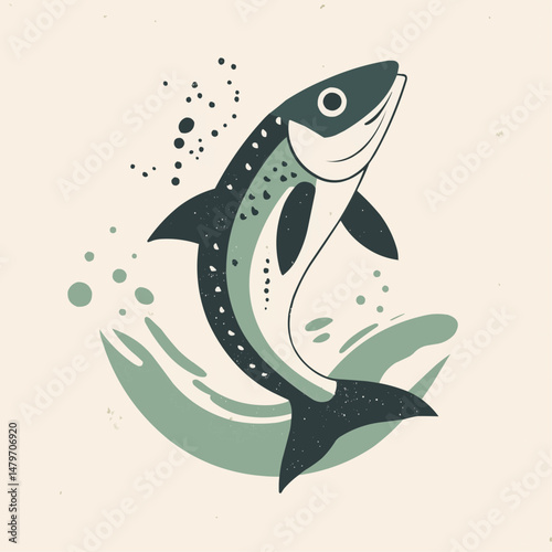 Retro-style fishing illustration showing a large fish leaping from water with dynamic lines, ideal for vintage designs, outdoor gear, or angler branding.