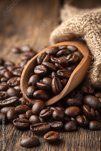 Close Up of Aromatic Coffee Beans in Wooden Spoon on Hessian Fabric Texture.