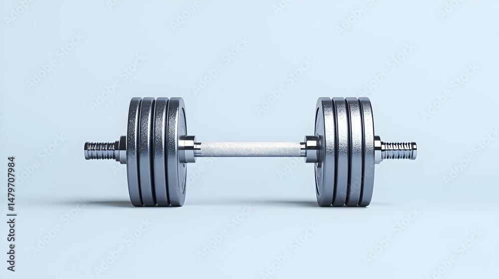 Fototapeta premium Silver Dumbbell On Light Blue Background