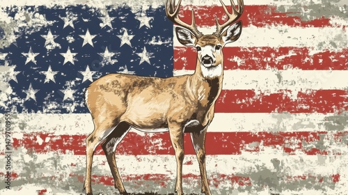 A white-tailed deer standing in a camouflage pattern background, with an American flag behind it. The illustration features stars and stripes, with no text on a white canvas.
