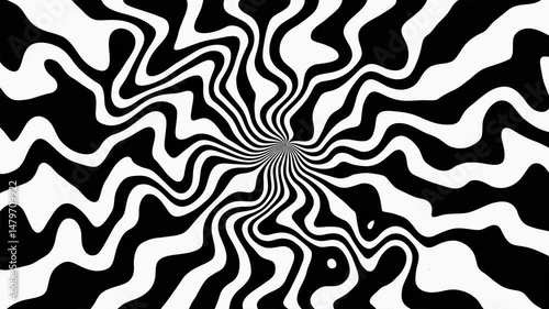 Abstract Monochrome Fluid Wavy Lines Radiating from Center with Rotational Motion, Hypnotic Black and White 4K Looping Animation Featuring Radial Distortion, Ideal for Motion Graphics and Intros