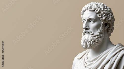 Marble sculpture of the ancient Greek philosopher and sage, bust of the ancient thinker on a beige background with space for text. 