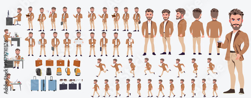 Man Character design. Front, side, back view and explainer animation poses. Character set with lip sync and facial expressions of Happy, angry, sad, Joy with Side walk cycle animation sequence sprite 