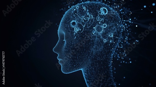 A head containing 3D gears. A dark blue, low poly digital design, embodying engineering and mechanical technology. An abstract mesh design with lines and dots, symbolizing thought.