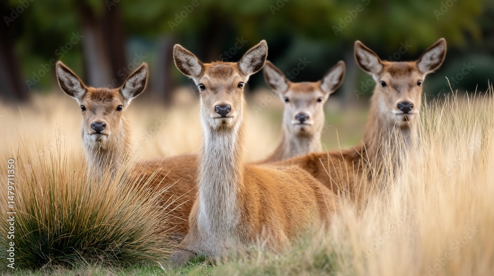 Fototapeta premium Deer family poses regally in golden meadow