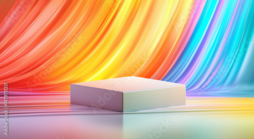 pódio geométrico vibrante para apresentação de produtos com fundo abstrato colorido e iluminação natural suave