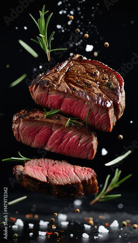 Thick cut seared steak pieces float dramatically with visible marbling and ideal doneness. Delicately suspended spices and herbs add movement to the composition against dark atmospheric background. Pe