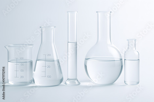 Transparent laboratory glassware including beakers and flasks on clean background, symbolizing scientific research, chemistry, medical testing, and professional tools in laboratory and healthcare envi