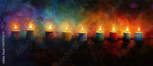 A row of candles, each bearing a single flame, standing tall and unwavering against a dark background.