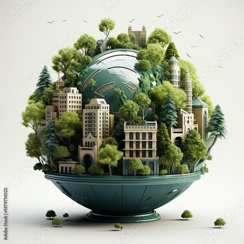 Eco-Friendly 3D Illustration of a Modern Cityscape Integrating Green Architecture and Natural Environment for Sustainable Urban Development
