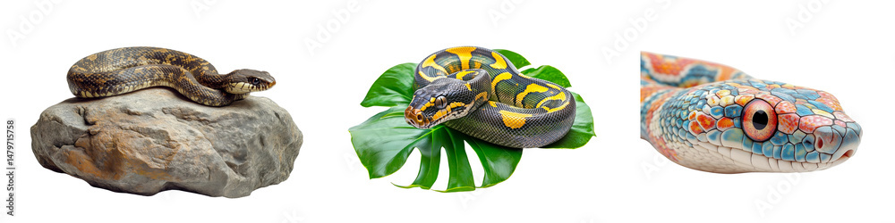 Fototapeta premium Collection of snakes on rock and leaves, including colorful python, transparent background.
