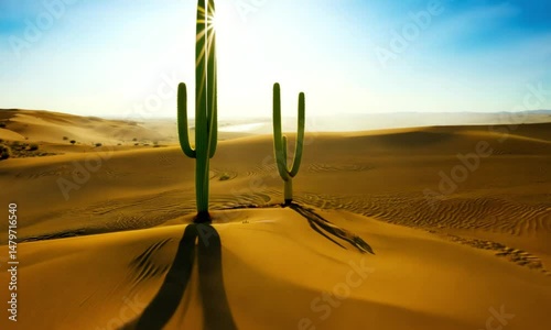 Cactus in the desert with bright and hot sunlight