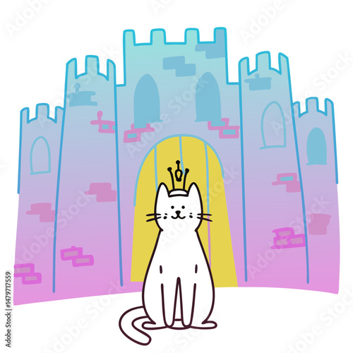 Cartoon cat wearing a crown sitting in front of a whimsical castle  