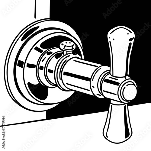 Vintage shower valve with a decorative handle against a plain wall  