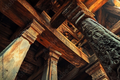 Ornate wooden pillars with intricate carvings display ancient craftsmanship, emanating historical richness and architectural beauty.