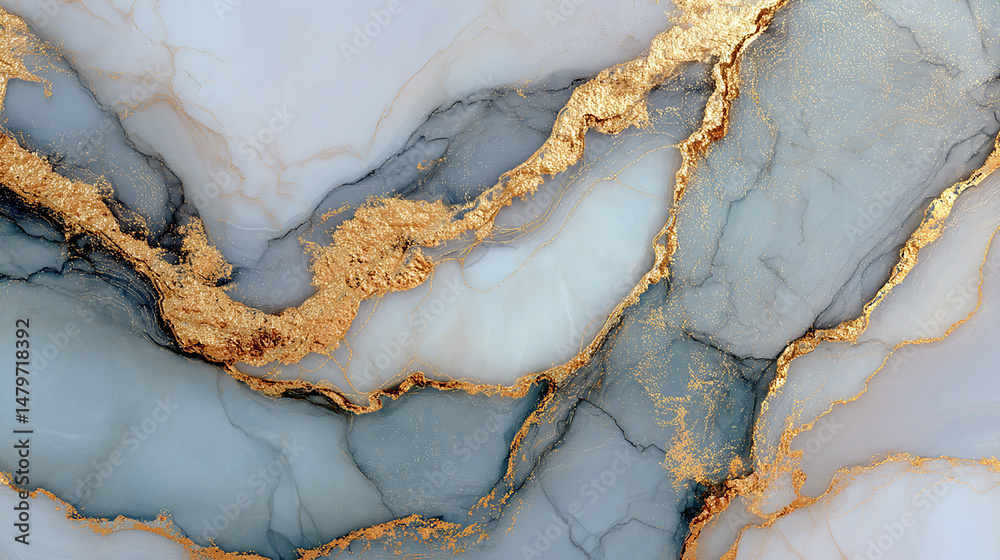 Fototapeta premium Elegant abstract composition of blue and white marble with luxurious gold veins