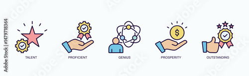 Brilliant Ascent Icon Set Isolated Vector With Icon Of Talent, Proficient, Genius, Prosperity, Outstanding In Outline Color Style