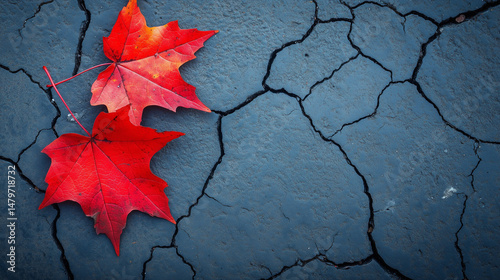 Red leaves on cracked pavement