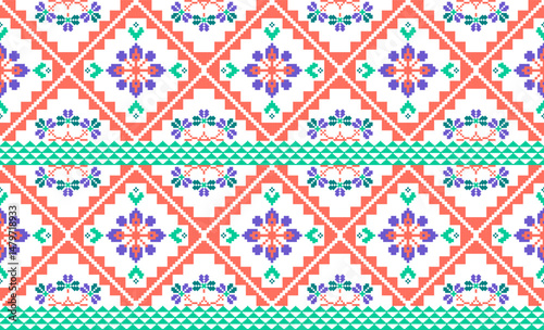 Cross stitch pattern concept showcasing traditional ethnic geometric pattern, Design for textile, background,carpet,wallpaper,clothing,wrapping,Batik,fabric,Vector illustration	

