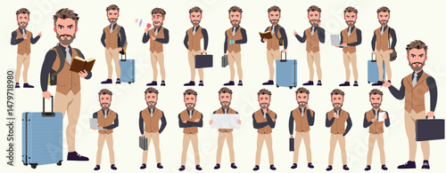 Man Character design. Front, side, back view and explainer animation poses. Character set with lip sync and facial expressions of Happy, angry, sad, Joy with Side walk cycle animation sequence sprite 