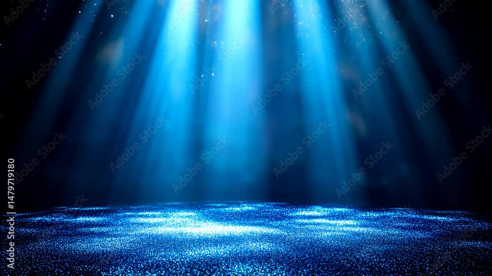 Rayos de luz azul brillando con partículas sobre superficie brillante – Animación atmosférica fija