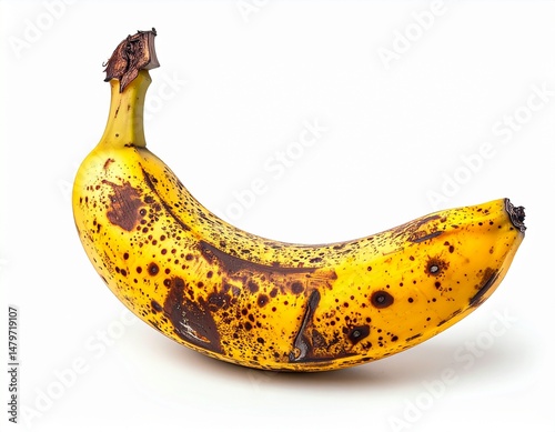 Overripe banana with brown spots, slightly bent, isolated on white background, high. Perfect for editorial, advertising, or themed content projects.