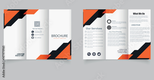 Corporate geometric trifold brochure with orange accent. Editable image.