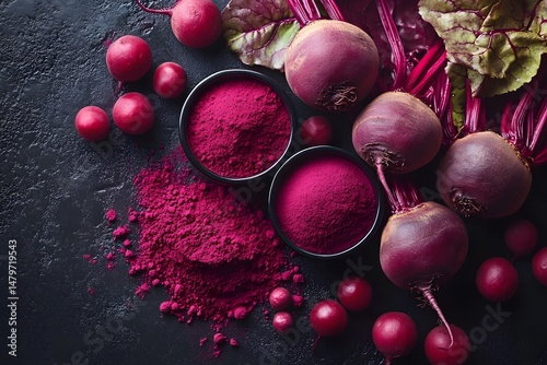 Fresh beetroots and vibrant beetroot powder 
