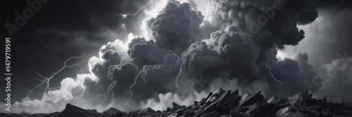 Dense, charcoal clouds boil, white lightning cracks through ,  grey sky,  cumulonimbus,  cloud formation