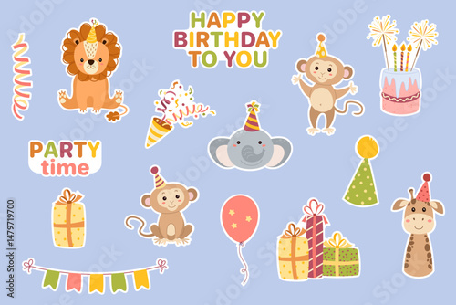 Set of thematic birthday stickers. Vector set of stickers cake with candles, birthday hats and gifts, balloons, garland, fireworks, cute elephant, giraffe and lion.