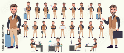 Man Character design. Front, side, back view and explainer animation poses. Character set with lip sync and facial expressions of Happy, angry, sad, Joy with Side walk cycle animation sequence sprite 