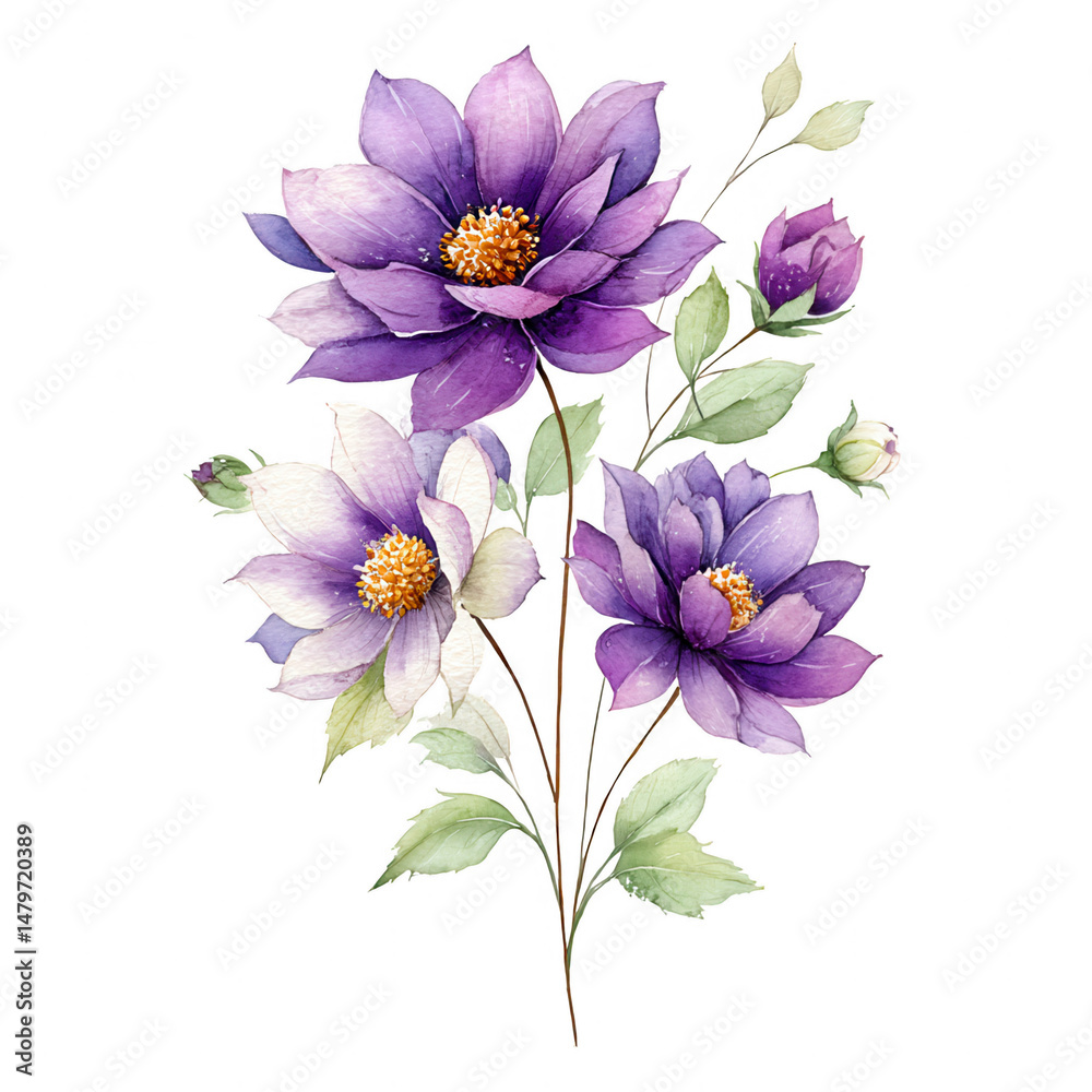 Obraz premium Watercolor painting showcases three purple dahlia flowers in full bloom.