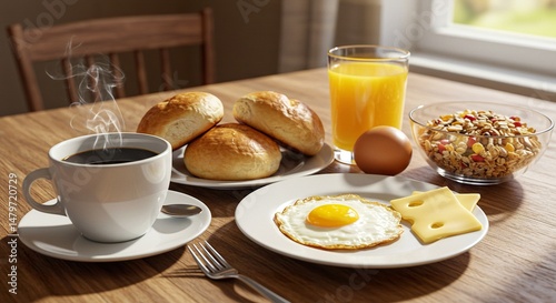 Inviting breakfast scene featuring a spread of morning favorites on wooden table