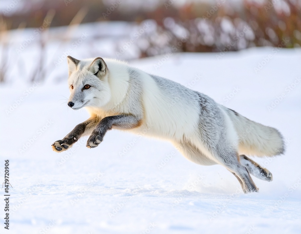 Naklejka premium Arctic fox mid-pounce while chasing prey beneath the snow