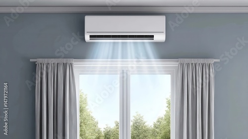 White air conditioner cooling a room, blowing cold air over a window, curtains and blue wall.