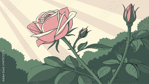 Vector beautiful pink rose with delicate petals and green leaves, set against soft background of rays and foliage, evokes sense