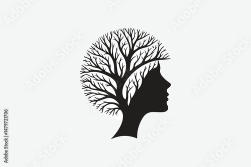 a tree with branches forming a human face, symbolizing nature and humanity, minimal design