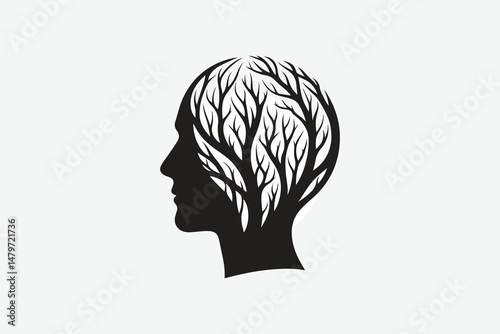 a tree with branches forming a human face, symbolizing nature and humanity, minimal design