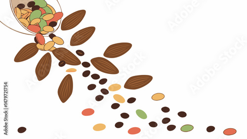 Vector variety of nuts and chocolate pieces are spilling from container, creating colorful and appetizing display