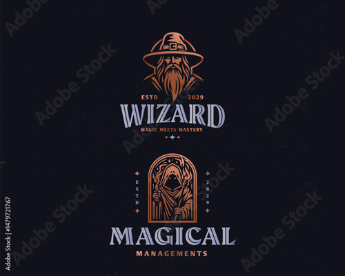 Mystical Wizard magician or old wise sorcerer logo template