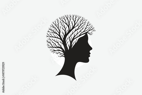 a tree with branches forming a human face, symbolizing nature and humanity, minimal design