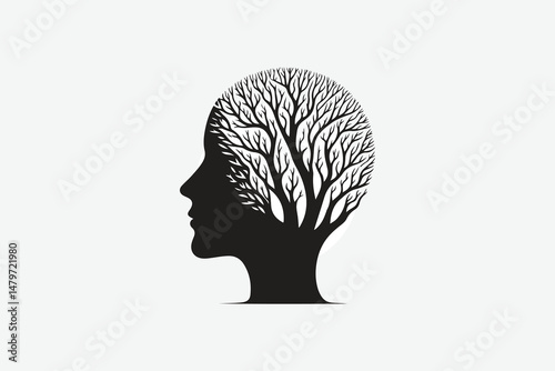a tree with branches forming a human face, symbolizing nature and humanity, minimal design