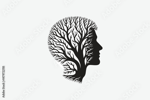 a tree with branches forming a human face, symbolizing nature and humanity, minimal design