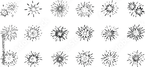 Hand Drawn Explosion and Firework Clipart. Comic Style Burst Effects Set. Vector illustration