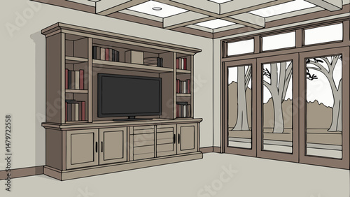 Vector modern interior featuring wooden bookcase with shelves, television, and large windows showcasing scenic view