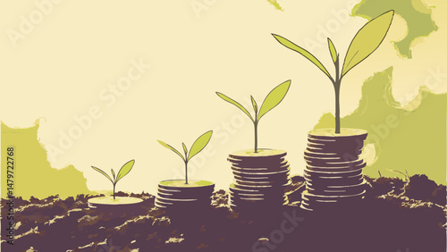 Vector Growing plants on stacks of coins symbolize financial growth and investment