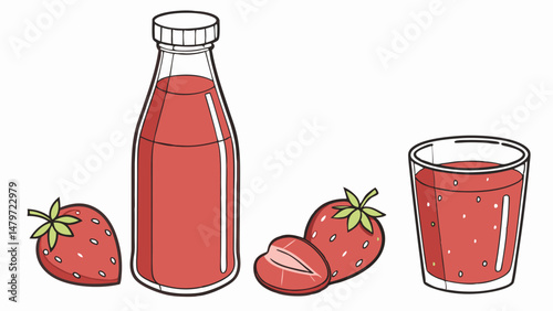 Vector Fresh strawberry juice in glass bottle with strawberries beside it, creating vibrant and refreshing scene