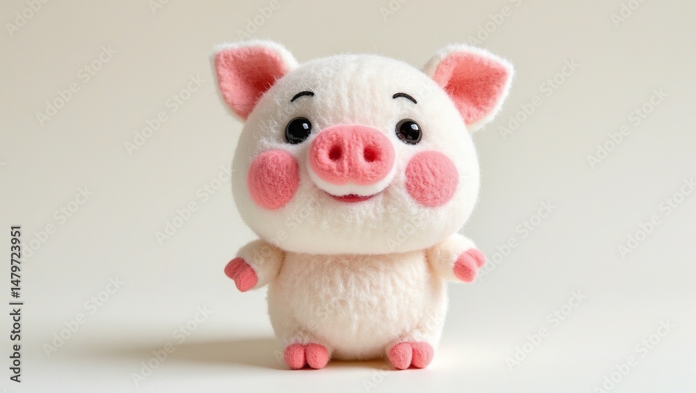 Fototapeta premium Plush pig doll, white background, soft wool, cute design