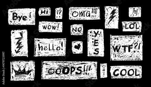 White kid doodle set with pastel wax texture on black chalkboard. Fun school squiggle art with words like WOW, COOL, LOL, HELLO, WTF, NO drawn charcoal strokes on rough rectangles. Vector illustration